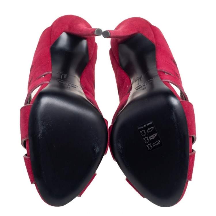 Pre Owned Giuseppe Zanotti Burgundy Cutout Suede Peep Toe Mules Size 37