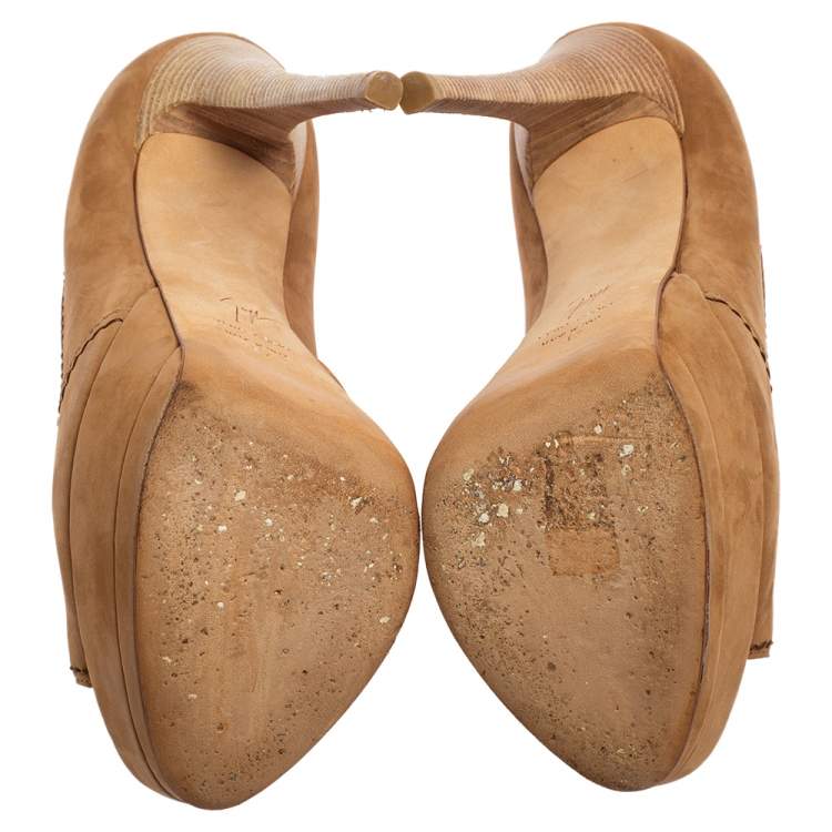 Pre Owned Giuseppe Zanotti Tan Nubuck Leather Peep Toe Platform Pumps Size 37
