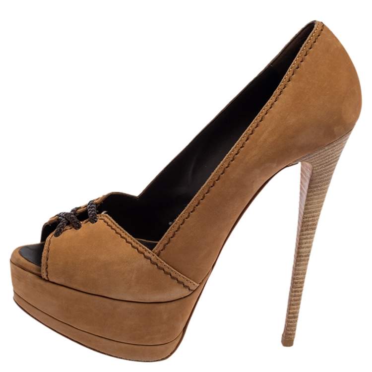 Pre Owned Giuseppe Zanotti Tan Nubuck Leather Peep Toe Platform Pumps Size 37