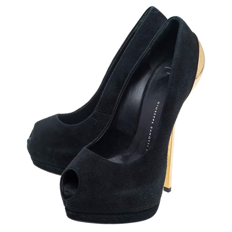 Pre Owned Giuseppe Zanotti Black Suede Peep Toe Platform Pumps Size 36