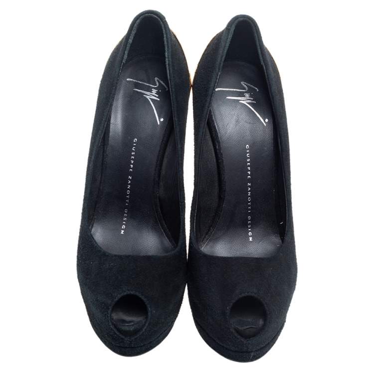 Pre Owned Giuseppe Zanotti Black Suede Peep Toe Platform Pumps Size 36
