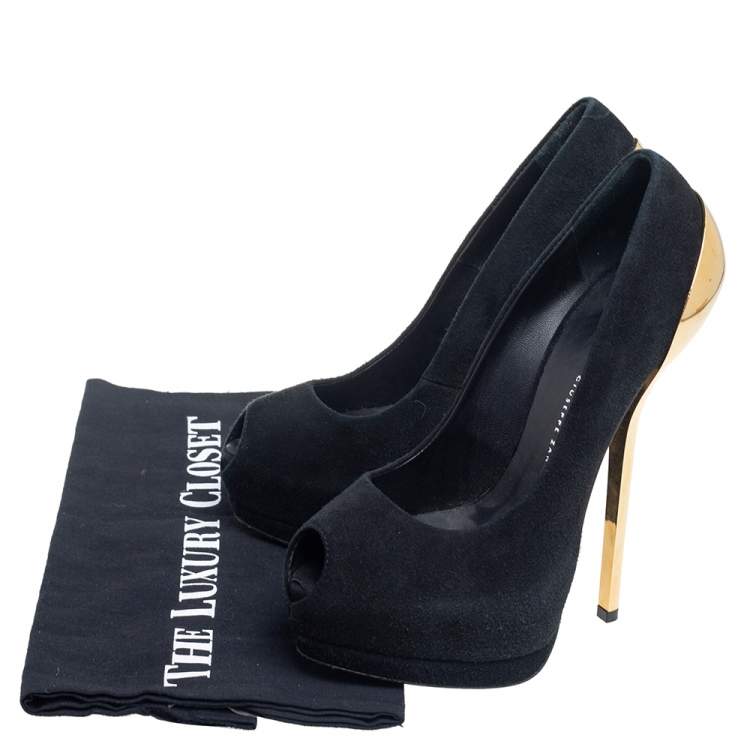 Pre Owned Giuseppe Zanotti Black Suede Peep Toe Platform Pumps Size 36