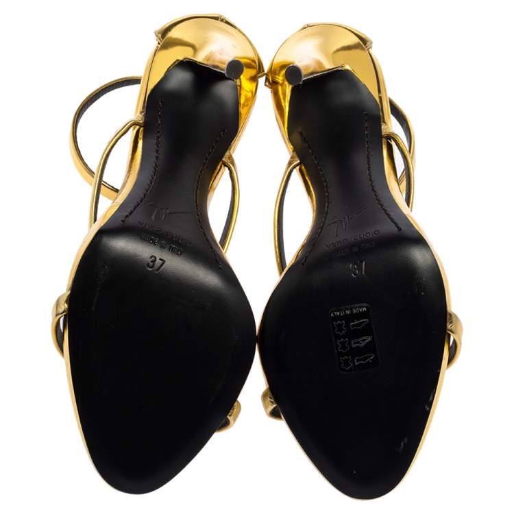 Pre Owned Giuseppe Zanotti Gold Foil Leather Harmony  Sandals Size 37