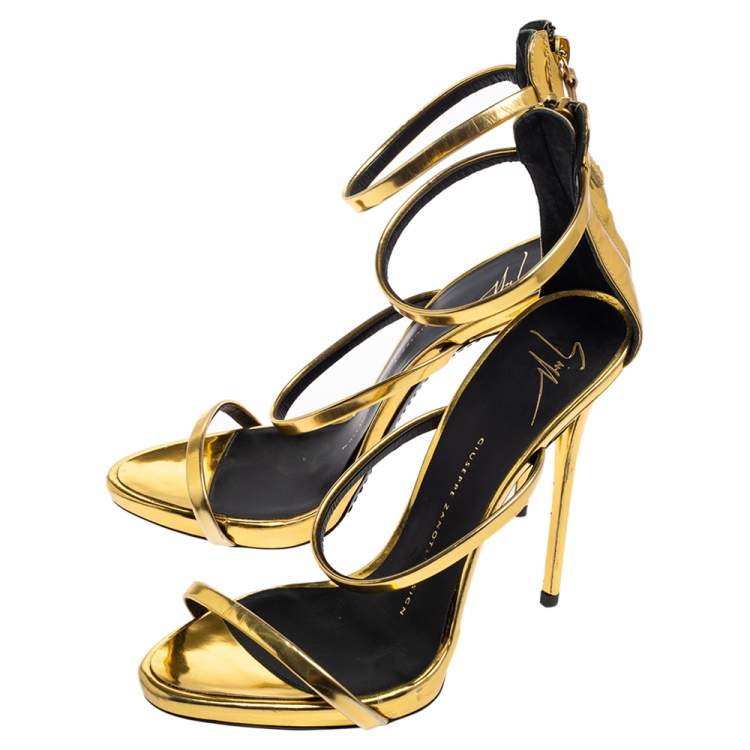 Pre Owned Giuseppe Zanotti Gold Foil Leather Harmony  Sandals Size 37
