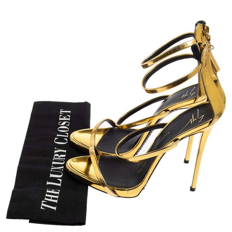 Pre Owned Giuseppe Zanotti Gold Foil Leather Harmony  Sandals Size 37