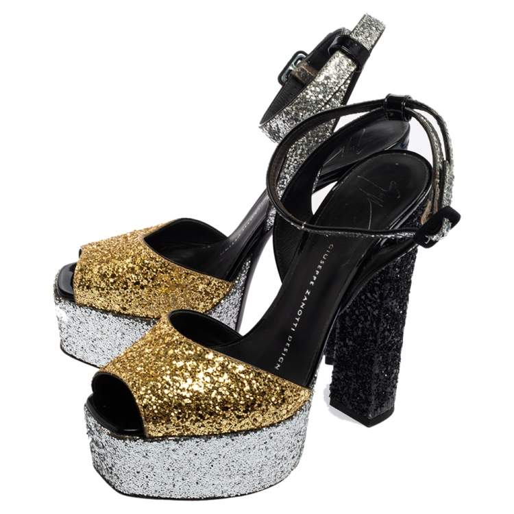 Pre Owned Giuseppe Zanotti Multicolor Glitter Betty Peep Toe Platform Sandals Size 36.5