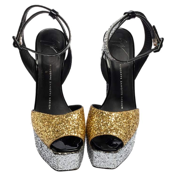 Pre Owned Giuseppe Zanotti Multicolor Glitter Betty Peep Toe Platform Sandals Size 36.5