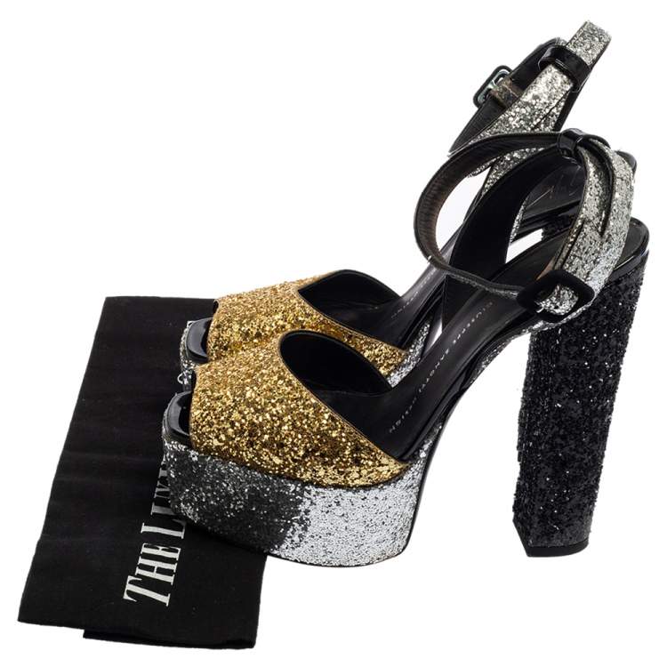 Pre Owned Giuseppe Zanotti Multicolor Glitter Betty Peep Toe Platform Sandals Size 36.5