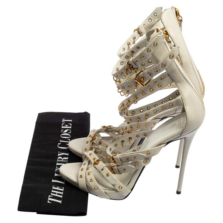 Pre Owned Giuseppe Zanotti White Leather Eyelet Ankle Length Galdiator Sandals Size 38