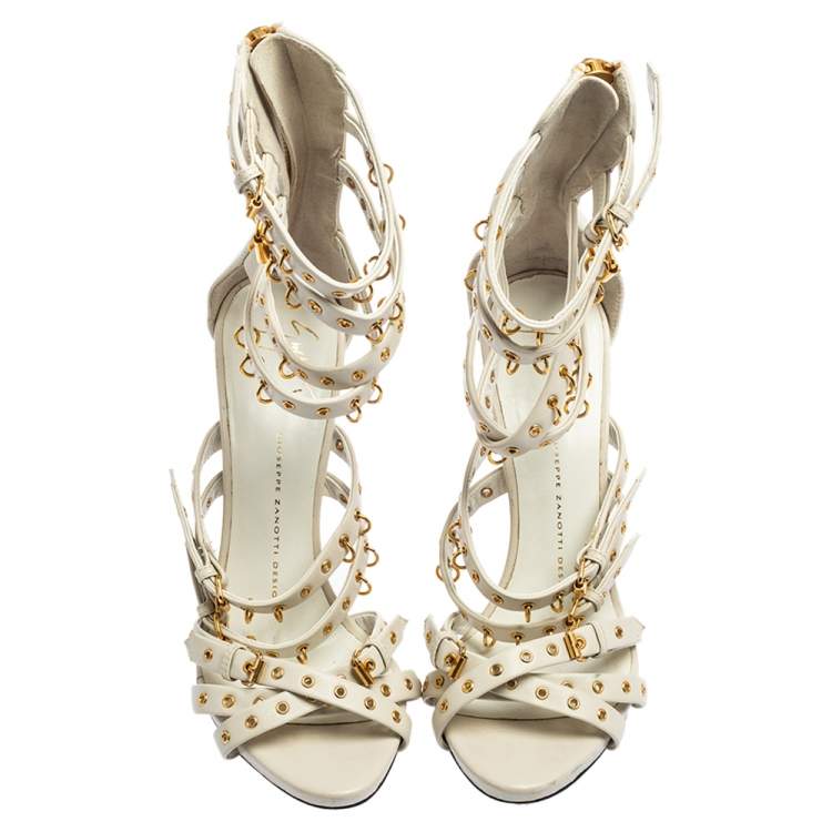 Pre Owned Giuseppe Zanotti White Leather Eyelet Ankle Length Galdiator Sandals Size 38