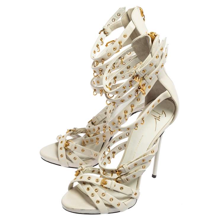 Pre Owned Giuseppe Zanotti White Leather Eyelet Ankle Length Galdiator Sandals Size 38