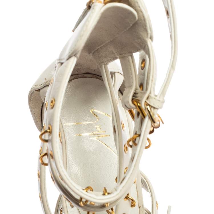 Pre Owned Giuseppe Zanotti White Leather Eyelet Ankle Length Galdiator Sandals Size 38