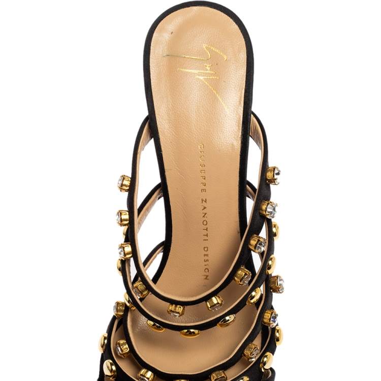 Pre Owned Giuseppe Zanotti Black Satin Crystal Embellished Slide Sandals Size 39