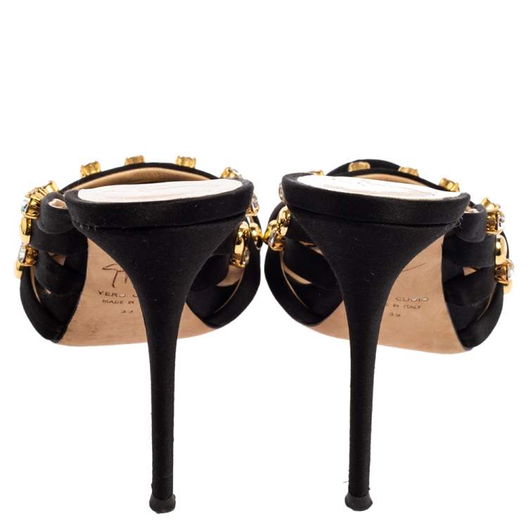 Pre Owned Giuseppe Zanotti Black Satin Crystal Embellished Slide Sandals Size 39