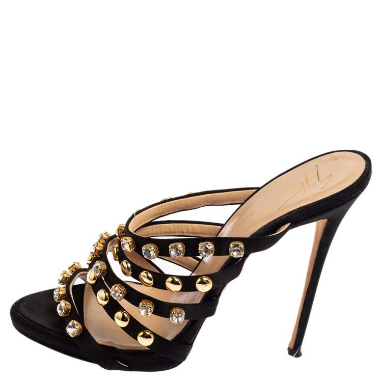 Pre Owned Giuseppe Zanotti Black Satin Crystal Embellished Slide Sandals Size 39