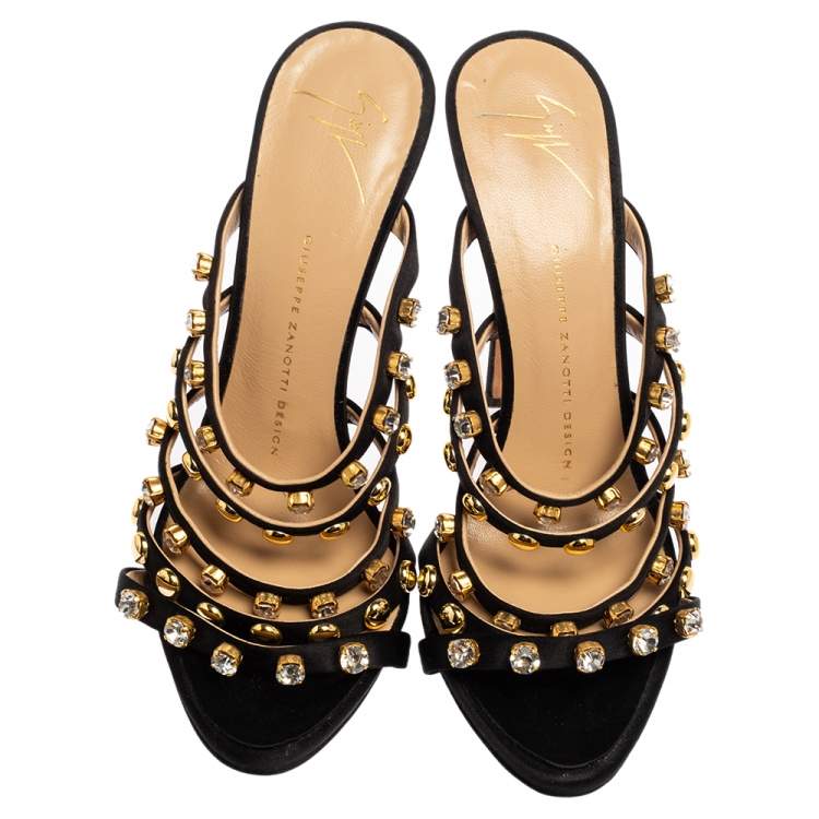 Pre Owned Giuseppe Zanotti Black Satin Crystal Embellished Slide Sandals Size 39