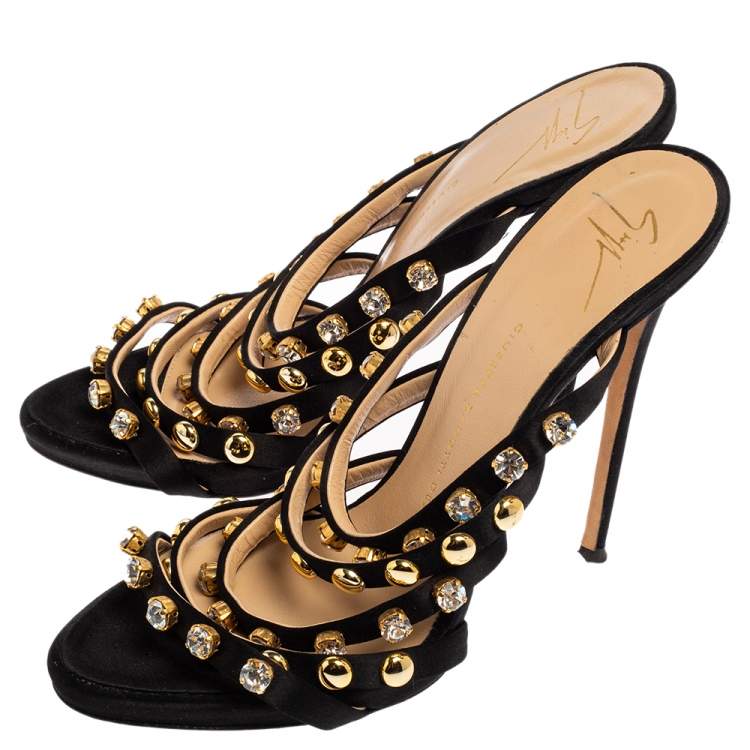 Pre Owned Giuseppe Zanotti Black Satin Crystal Embellished Slide Sandals Size 39