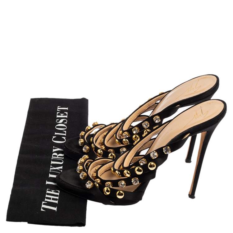 Pre Owned Giuseppe Zanotti Black Satin Crystal Embellished Slide Sandals Size 39