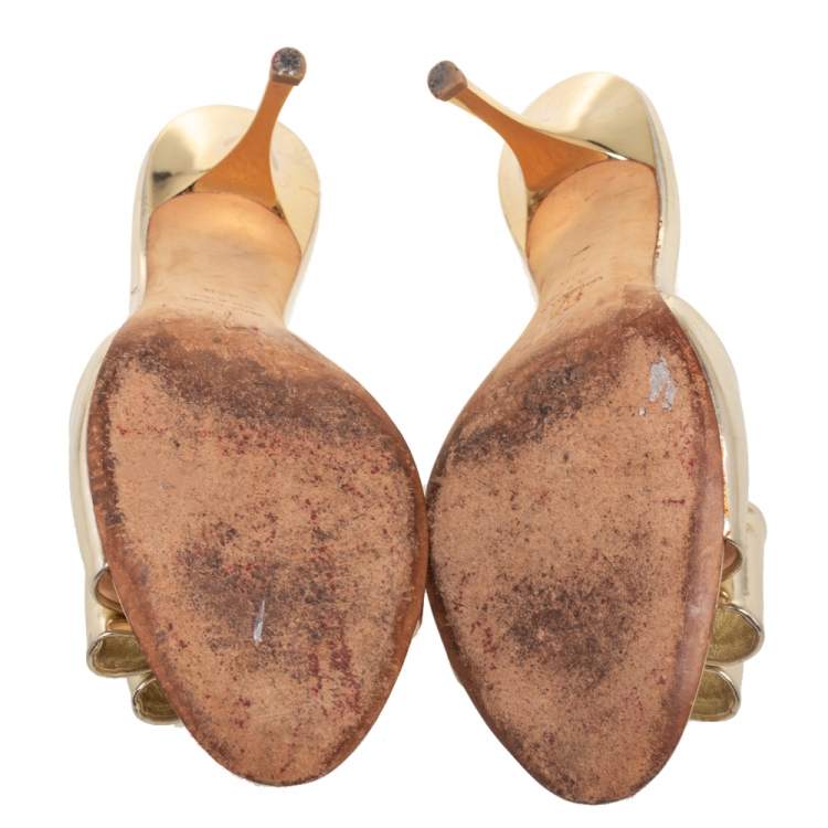 Pre Owned Giuseppe Zanotti Metallic Gold Leather Bow Mule Sandals Size 38.5