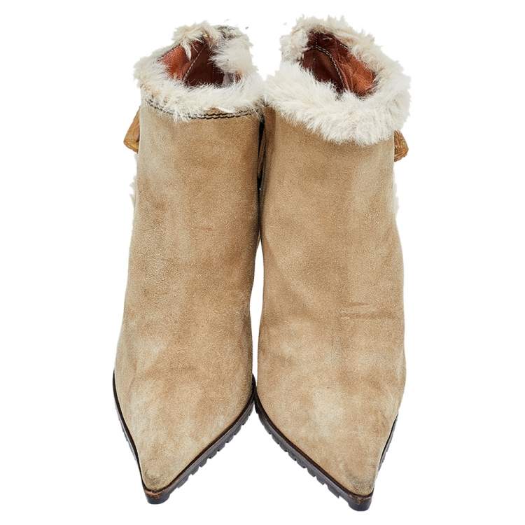 Pre Owned Giuseppe Zanotti Beige Suede And Fur Ankle Length Boots Size 40