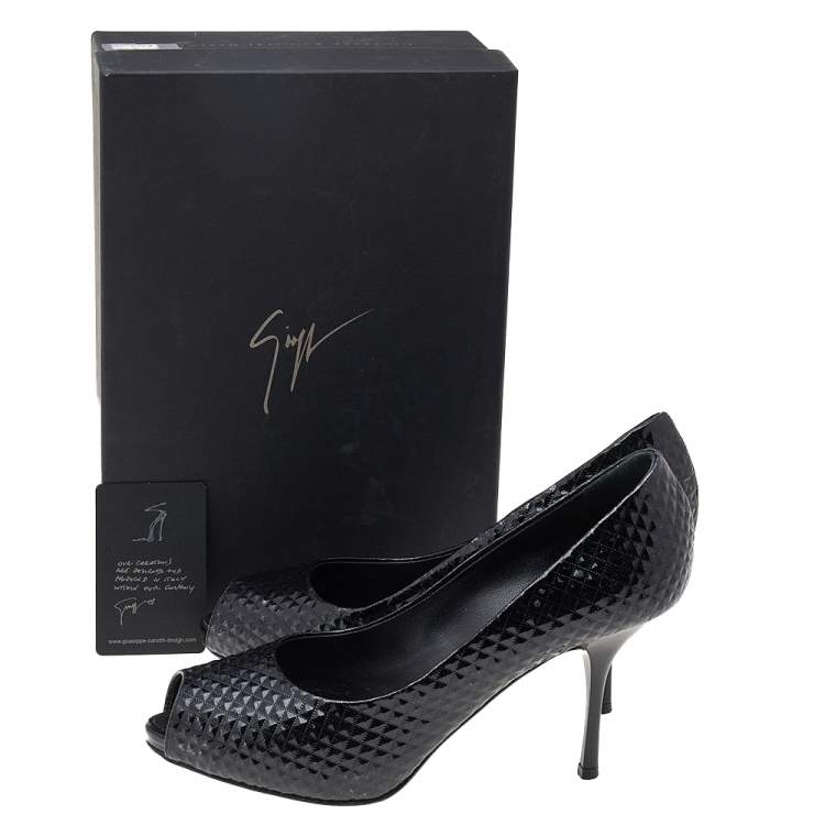Pre Owned Giuseppe Zanotti Black Embossed Leather Peep Toe Pumps Size 39.5