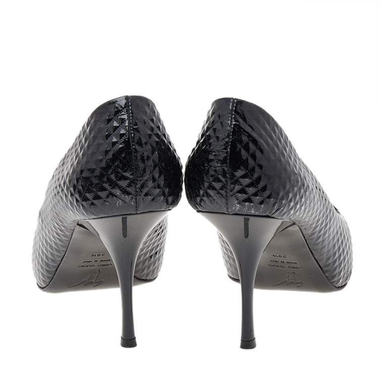 Pre Owned Giuseppe Zanotti Black Embossed Leather Peep Toe Pumps Size 39.5