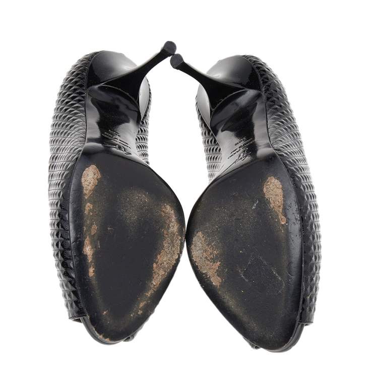 Pre Owned Giuseppe Zanotti Black Embossed Leather Peep Toe Pumps Size 39.5