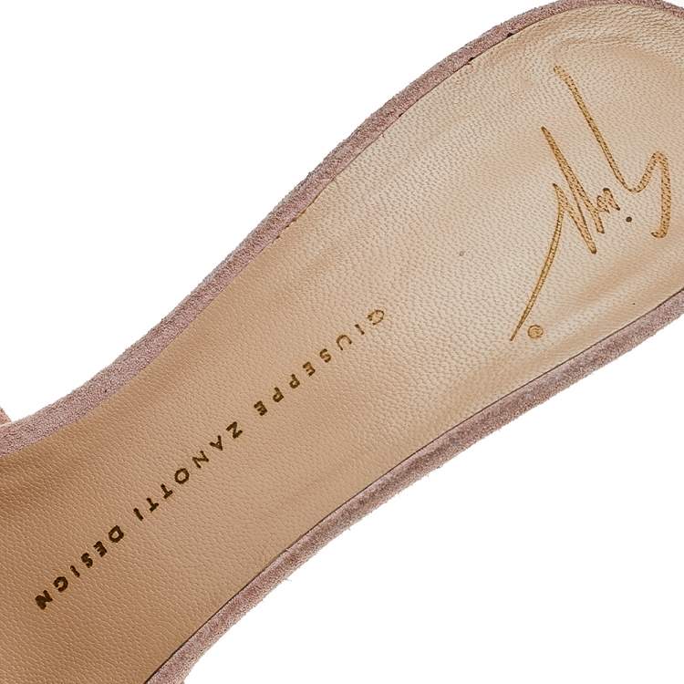 Pre Owned Giuseppe Zanotti Beige Suede Crystal Embellished Slide Sandals Size 38.5
