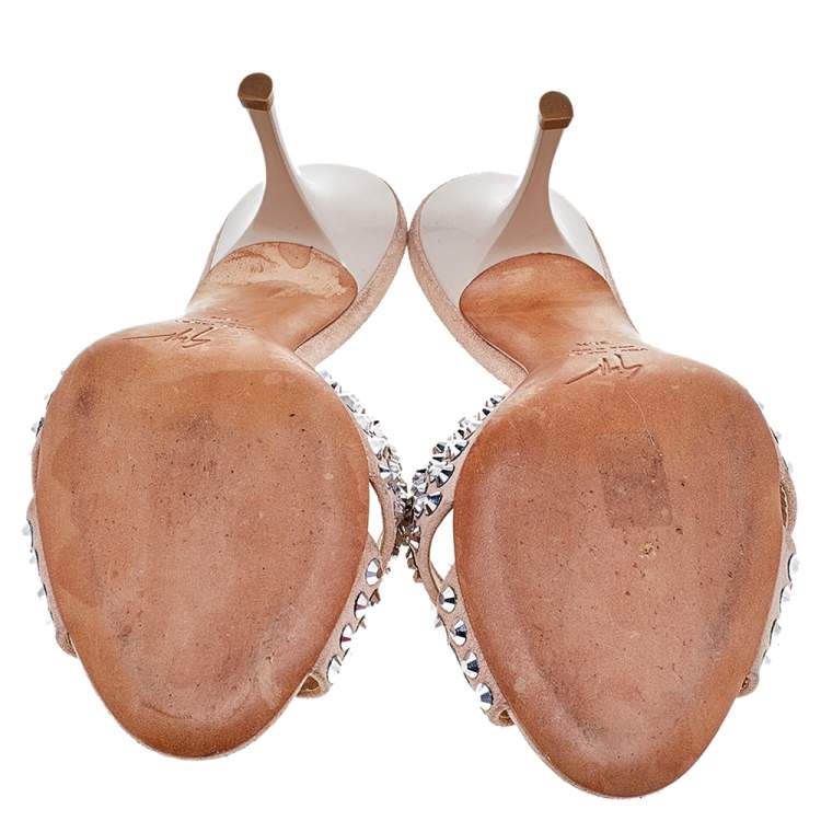 Pre Owned Giuseppe Zanotti Beige Suede Crystal Embellished Slide Sandals Size 38.5