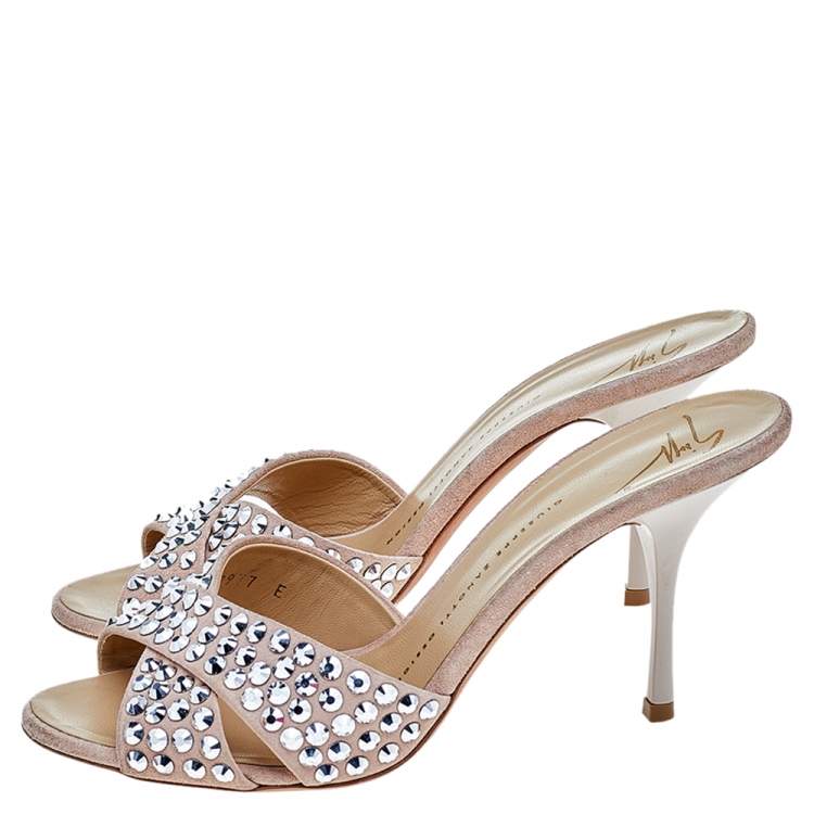 Pre Owned Giuseppe Zanotti Beige Suede Crystal Embellished Slide Sandals Size 38.5