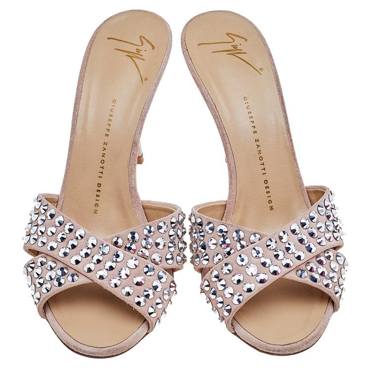 Pre Owned Giuseppe Zanotti Beige Suede Crystal Embellished Slide Sandals Size 38.5