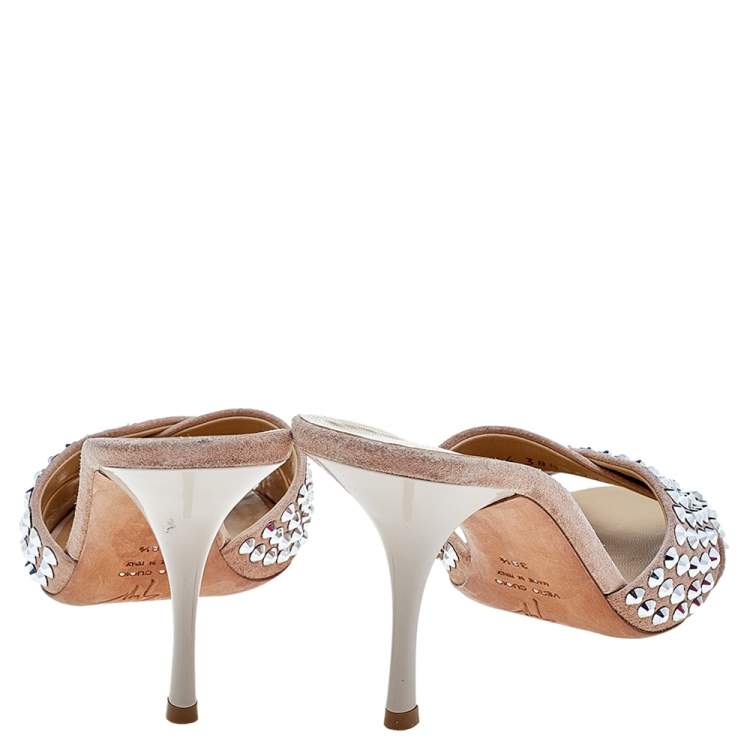 Pre Owned Giuseppe Zanotti Beige Suede Crystal Embellished Slide Sandals Size 38.5