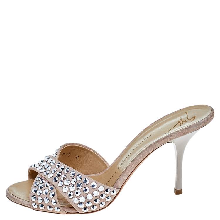 Pre Owned Giuseppe Zanotti Beige Suede Crystal Embellished Slide Sandals Size 38.5