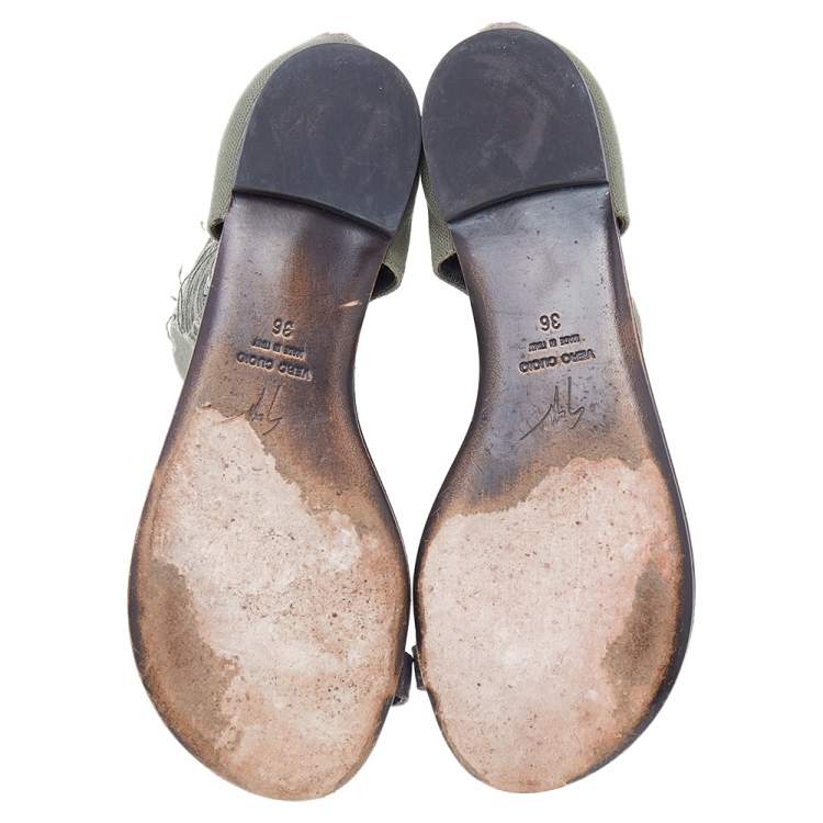 Pre Owned Giuseppe Zanotti Green Canvas Crystal Embellished Skull Toe Ring Zipper Flats Size 36
