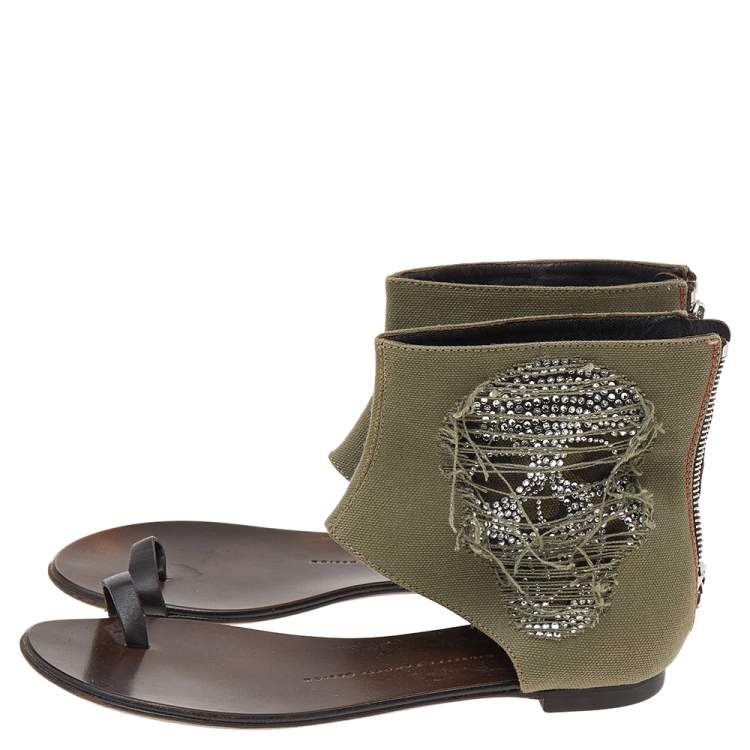 Pre Owned Giuseppe Zanotti Green Canvas Crystal Embellished Skull Toe Ring Zipper Flats Size 36