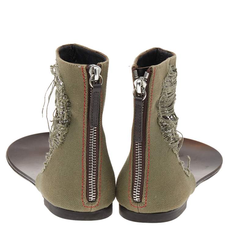 Pre Owned Giuseppe Zanotti Green Canvas Crystal Embellished Skull Toe Ring Zipper Flats Size 36