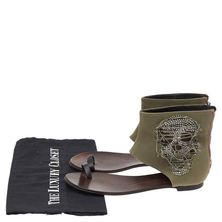 Pre Owned Giuseppe Zanotti Green Canvas Crystal Embellished Skull Toe Ring Zipper Flats Size 36