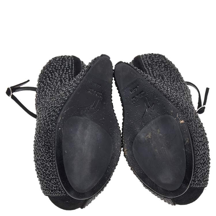 Pre Owned Giuseppe Zanotti Black Crystal Embellished Suede Heelless Peep Toe Platform Pumps Size 40.5