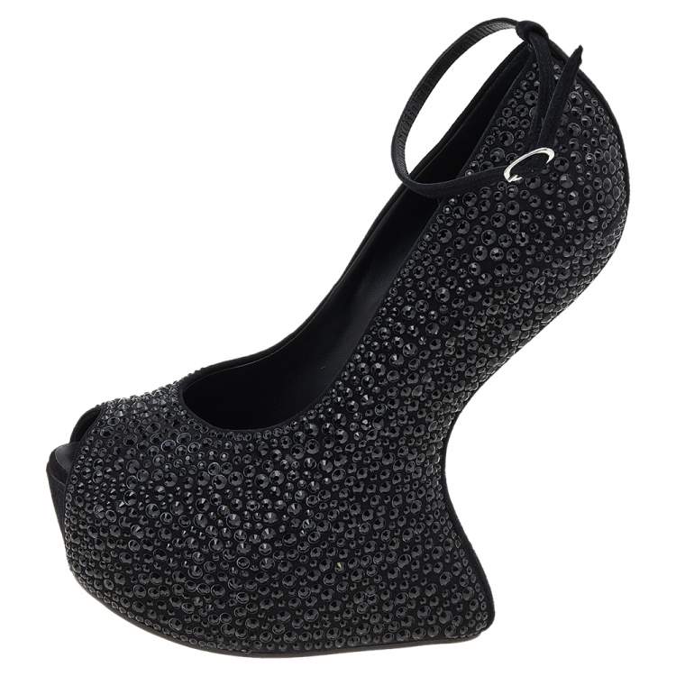 Pre Owned Giuseppe Zanotti Black Crystal Embellished Suede Heelless Peep Toe Platform Pumps Size 40.5