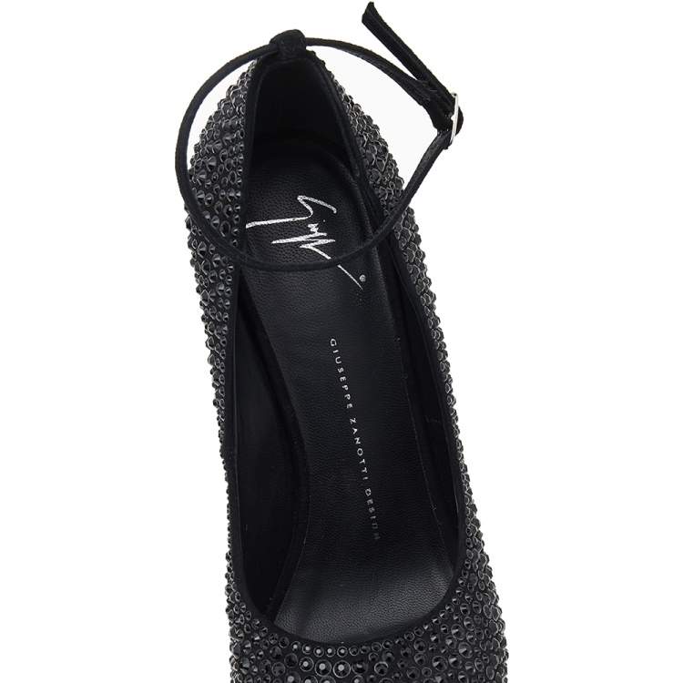 Pre Owned Giuseppe Zanotti Black Crystal Embellished Suede Heelless Peep Toe Platform Pumps Size 40.5