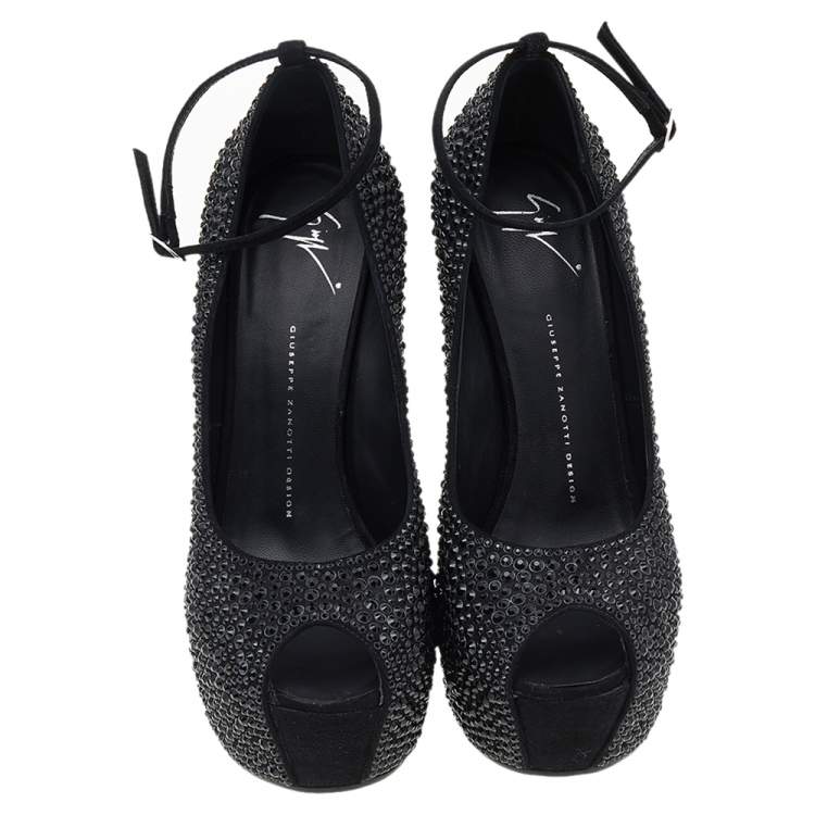 Pre Owned Giuseppe Zanotti Black Crystal Embellished Suede Heelless Peep Toe Platform Pumps Size 40.5