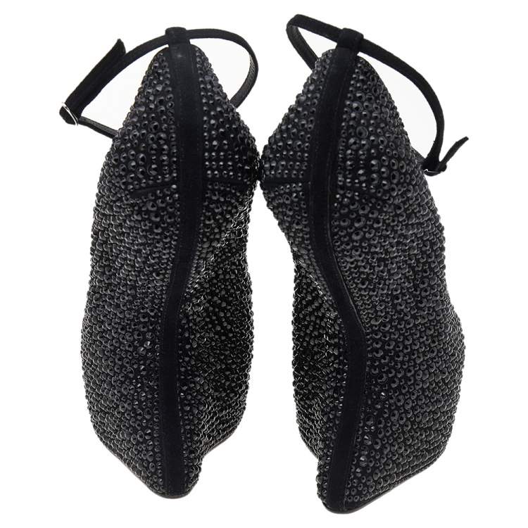 Pre Owned Giuseppe Zanotti Black Crystal Embellished Suede Heelless Peep Toe Platform Pumps Size 40.5
