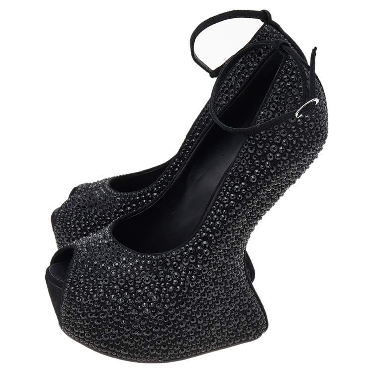 Pre Owned Giuseppe Zanotti Black Crystal Embellished Suede Heelless Peep Toe Platform Pumps Size 40.5