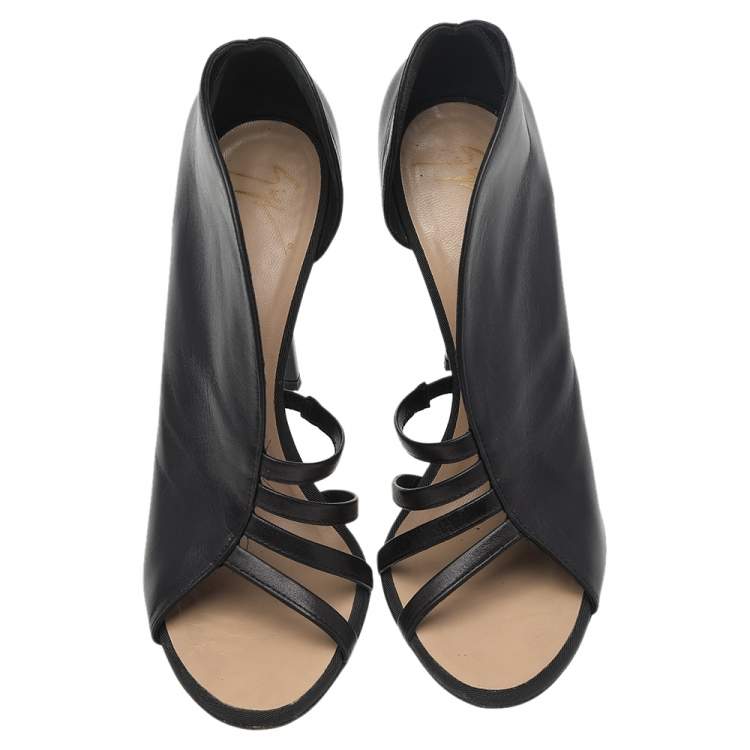 Pre Owned Giuseppe Zanotti Black Leather Cut Out Peep Toe Sandals Size 39.5