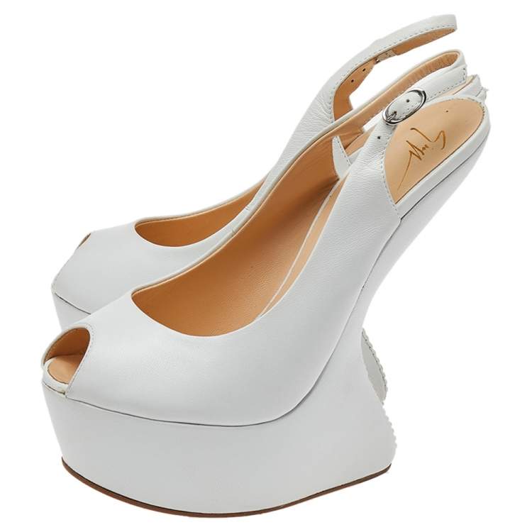 Pre Owned Giuseppe Zanotti White Leather Heelless Peep Toe Platform Pumps Size 40
