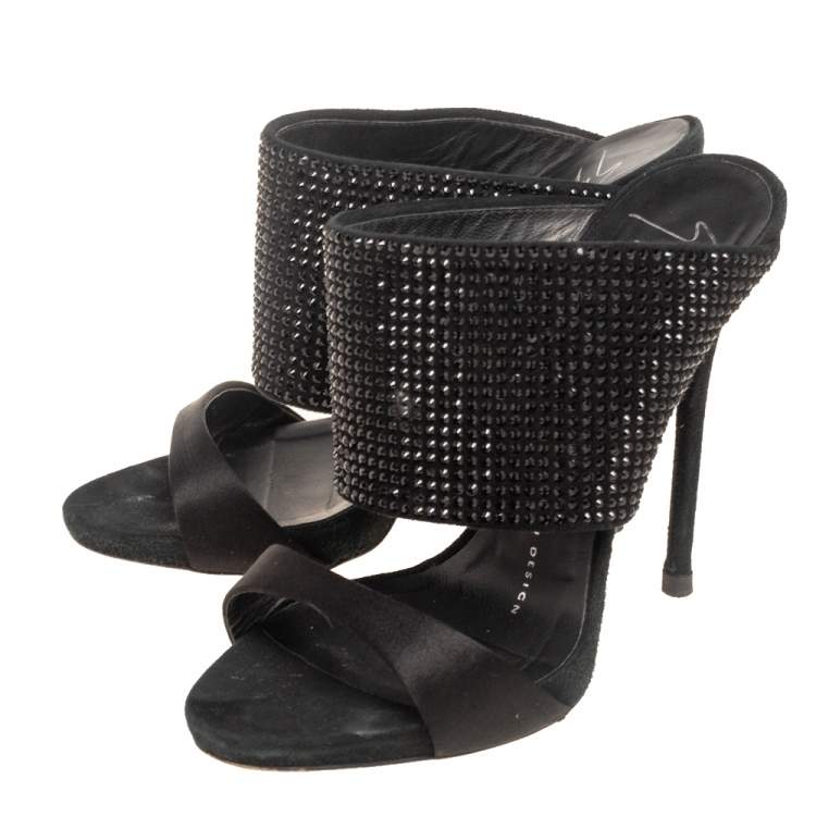 Pre Owned Giuseppe Zanotti Black Satin And Crystal Embellished Suede Open Toe Sandals Size 36