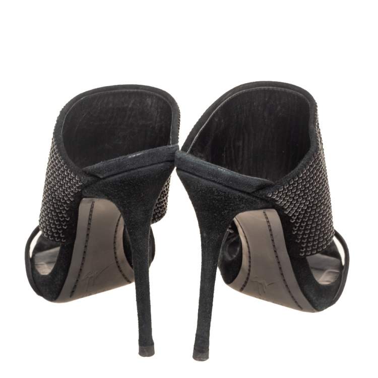 Pre Owned Giuseppe Zanotti Black Satin And Crystal Embellished Suede Open Toe Sandals Size 36