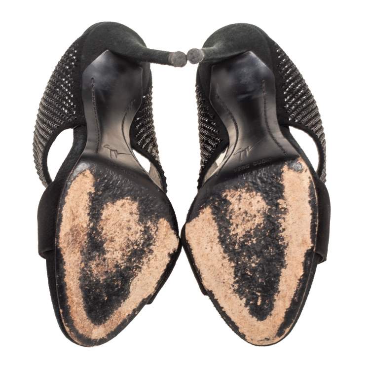 Pre Owned Giuseppe Zanotti Black Satin And Crystal Embellished Suede Open Toe Sandals Size 36