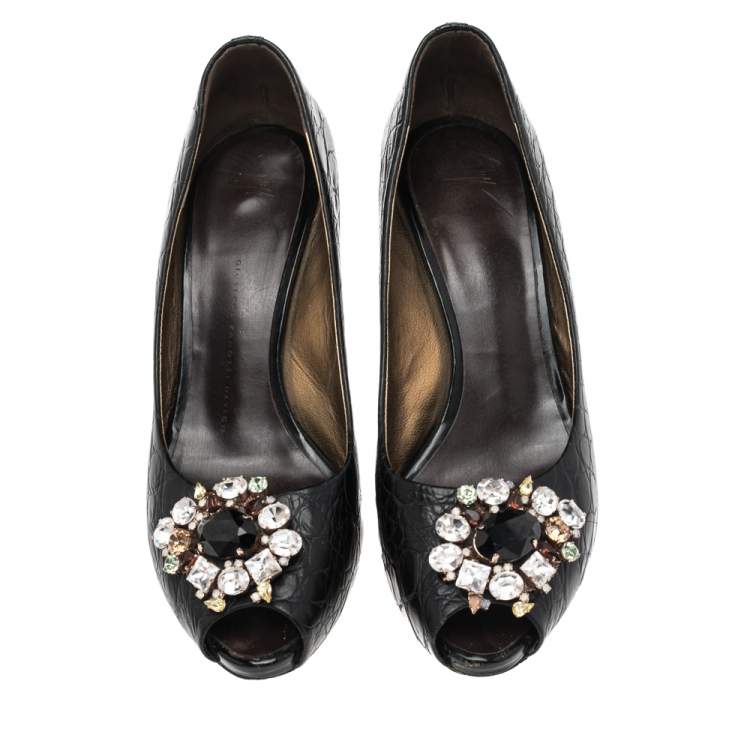 Pre Owned Giuseppe Zanotti Black Croc Embossed Leather  Crystal Embellished Peep Toe Platform Pumps Size 39.5