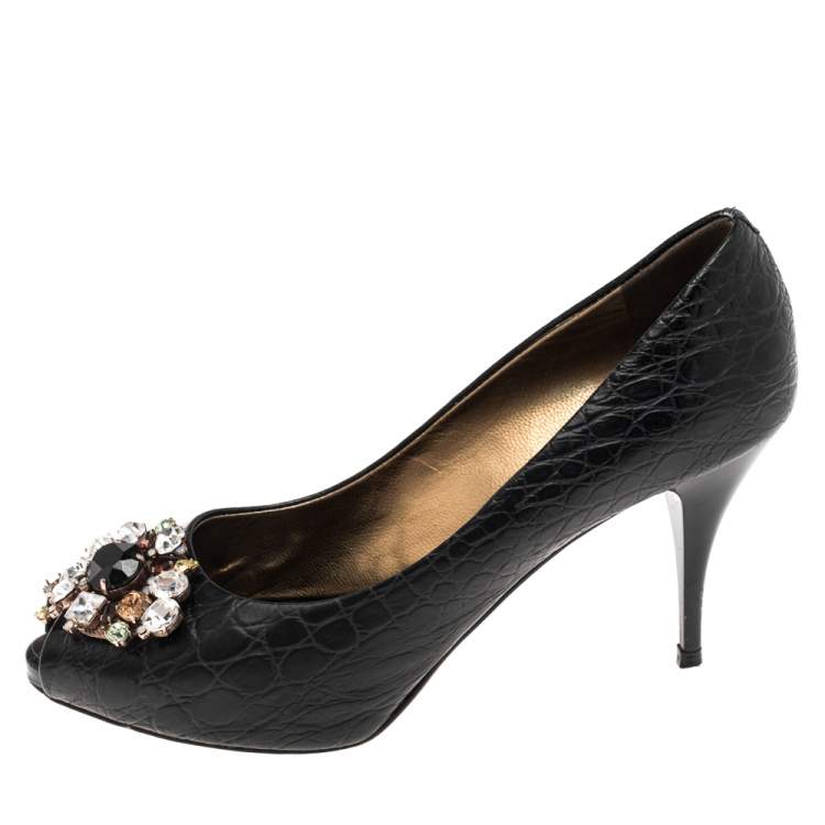 Pre Owned Giuseppe Zanotti Black Croc Embossed Leather  Crystal Embellished Peep Toe Platform Pumps Size 39.5